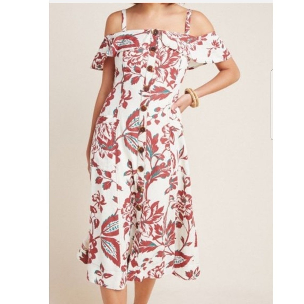 Anthropologie Floral Linen Blend Midi Dress Rust Cream Cold Shoulder Smocked 4